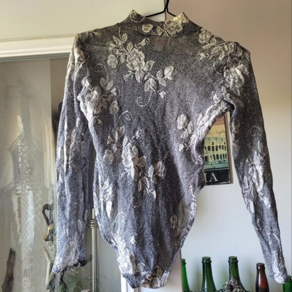 Blush vintage sheer bodysuit gray with white roses size small - Picture 1 of 6